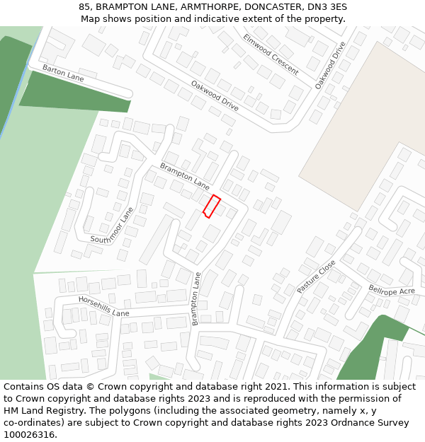 85, BRAMPTON LANE, ARMTHORPE, DONCASTER, DN3 3ES: Location map and indicative extent of plot