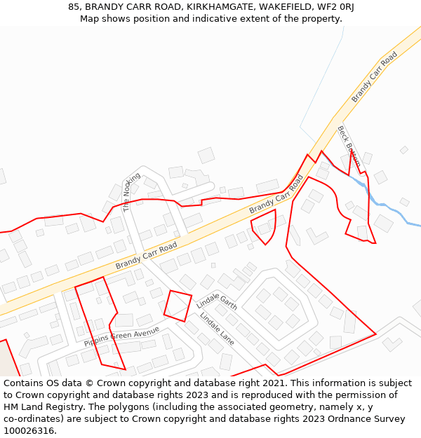 85, BRANDY CARR ROAD, KIRKHAMGATE, WAKEFIELD, WF2 0RJ: Location map and indicative extent of plot