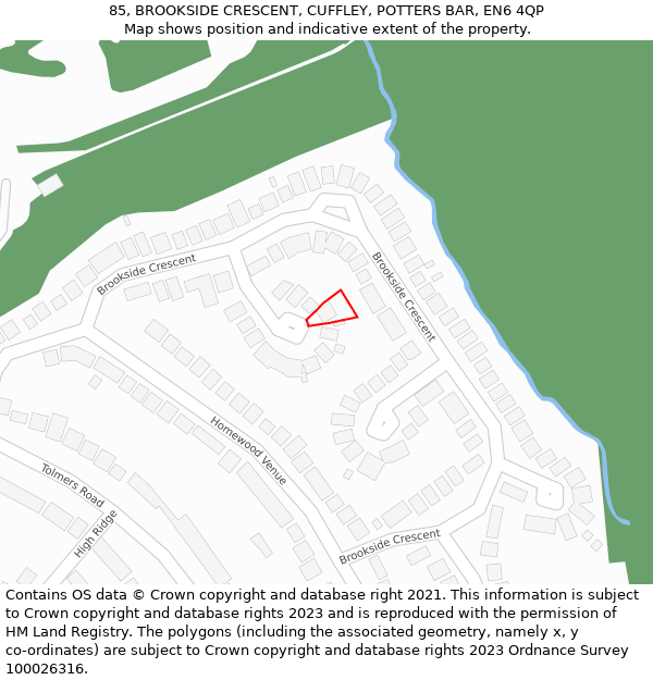 85, BROOKSIDE CRESCENT, CUFFLEY, POTTERS BAR, EN6 4QP: Location map and indicative extent of plot