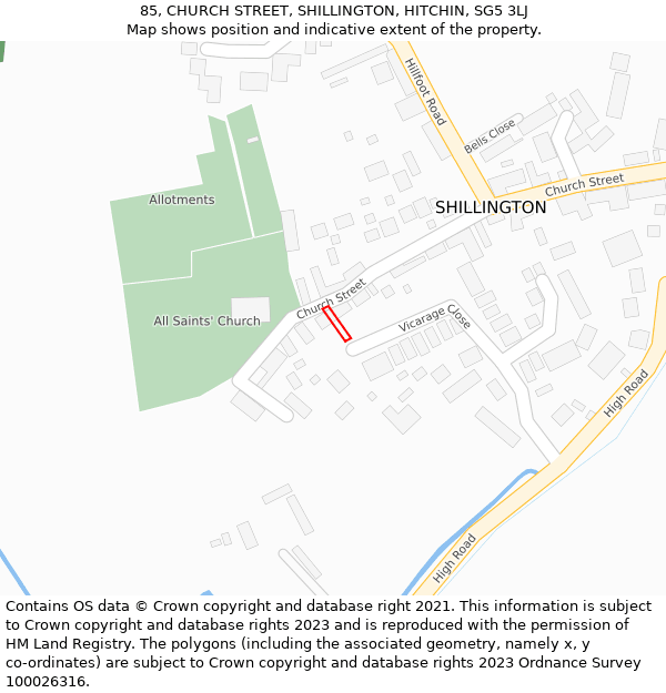 85, CHURCH STREET, SHILLINGTON, HITCHIN, SG5 3LJ: Location map and indicative extent of plot