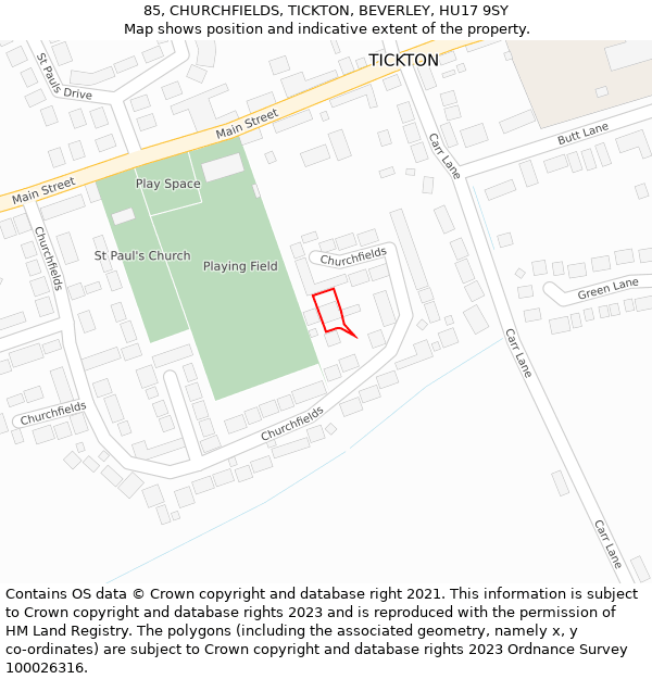 85, CHURCHFIELDS, TICKTON, BEVERLEY, HU17 9SY: Location map and indicative extent of plot