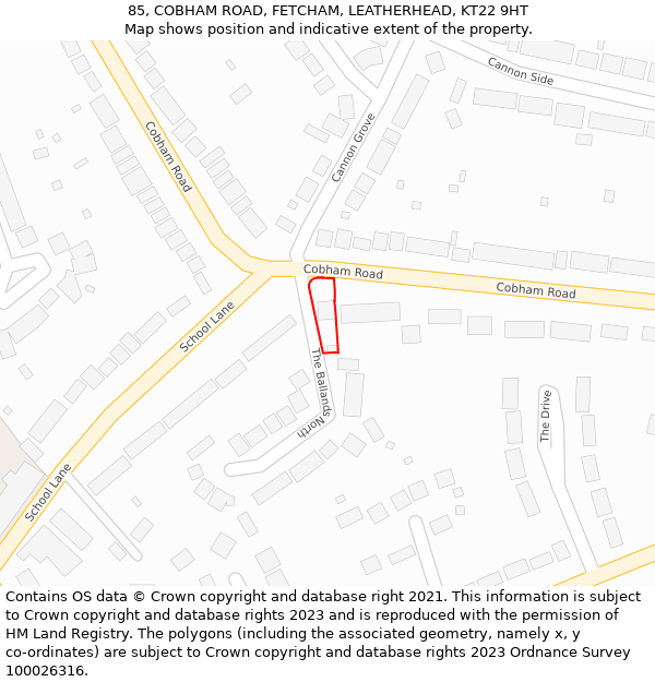 85, COBHAM ROAD, FETCHAM, LEATHERHEAD, KT22 9HT: Location map and indicative extent of plot