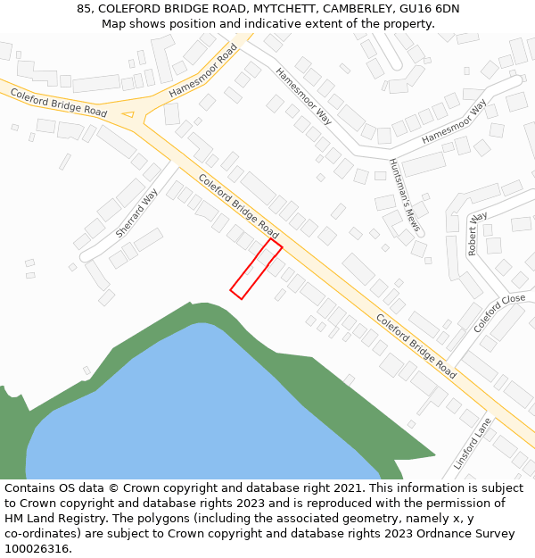 85, COLEFORD BRIDGE ROAD, MYTCHETT, CAMBERLEY, GU16 6DN: Location map and indicative extent of plot