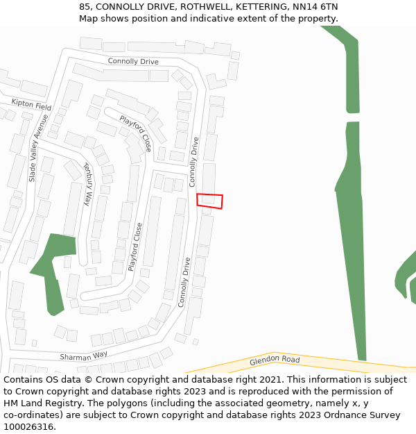 85, CONNOLLY DRIVE, ROTHWELL, KETTERING, NN14 6TN: Location map and indicative extent of plot