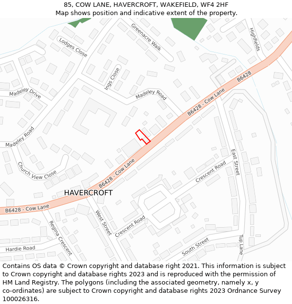 85, COW LANE, HAVERCROFT, WAKEFIELD, WF4 2HF: Location map and indicative extent of plot