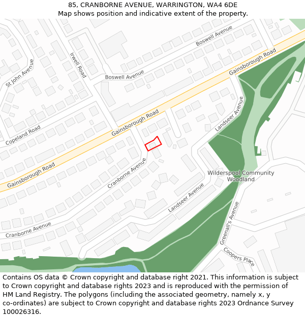 85, CRANBORNE AVENUE, WARRINGTON, WA4 6DE: Location map and indicative extent of plot