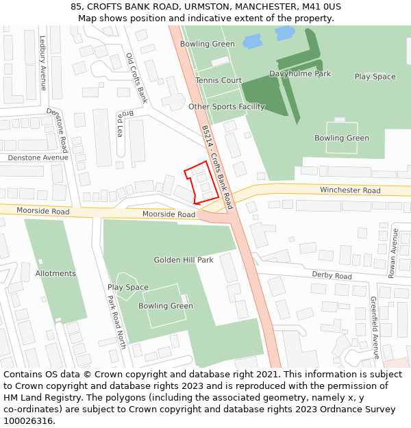 85, CROFTS BANK ROAD, URMSTON, MANCHESTER, M41 0US: Location map and indicative extent of plot