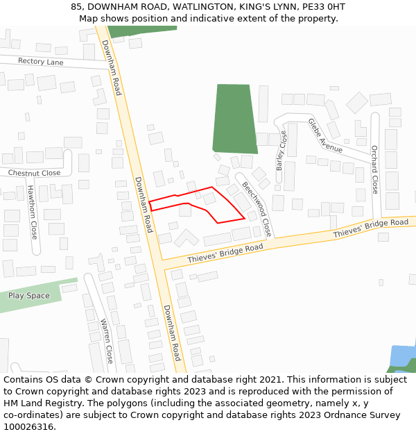 85, DOWNHAM ROAD, WATLINGTON, KING'S LYNN, PE33 0HT: Location map and indicative extent of plot