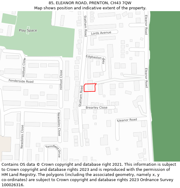 85, ELEANOR ROAD, PRENTON, CH43 7QW: Location map and indicative extent of plot