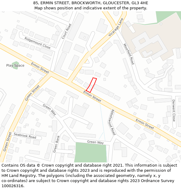 85, ERMIN STREET, BROCKWORTH, GLOUCESTER, GL3 4HE: Location map and indicative extent of plot