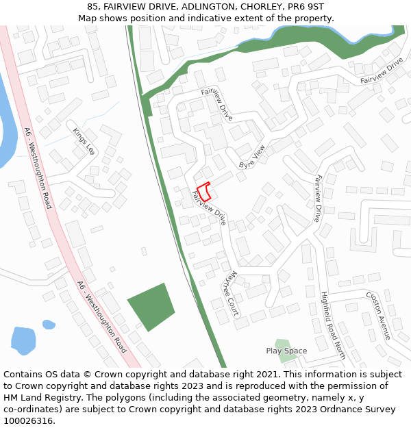 85, FAIRVIEW DRIVE, ADLINGTON, CHORLEY, PR6 9ST: Location map and indicative extent of plot