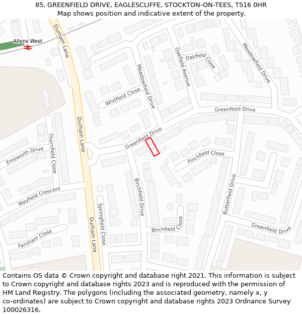 85, GREENFIELD DRIVE, EAGLESCLIFFE, STOCKTON-ON-TEES, TS16 0HR: Location map and indicative extent of plot