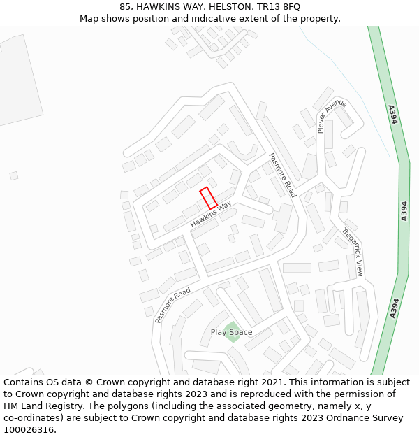 85, HAWKINS WAY, HELSTON, TR13 8FQ: Location map and indicative extent of plot