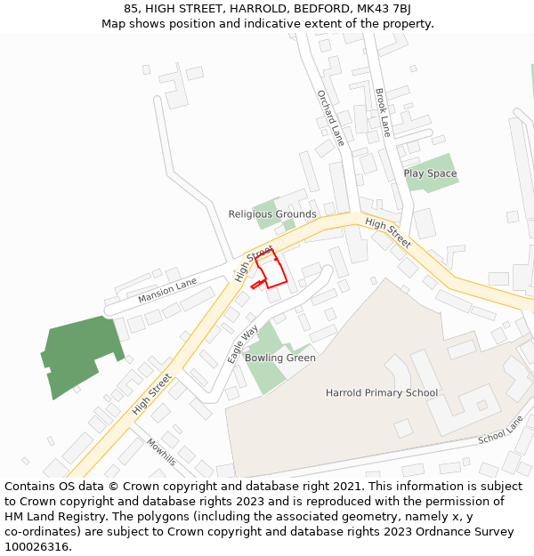 85, HIGH STREET, HARROLD, BEDFORD, MK43 7BJ: Location map and indicative extent of plot