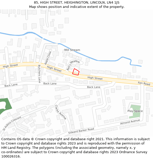 85, HIGH STREET, HEIGHINGTON, LINCOLN, LN4 1JS: Location map and indicative extent of plot