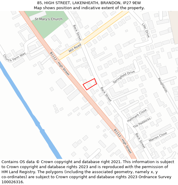 85, HIGH STREET, LAKENHEATH, BRANDON, IP27 9EW: Location map and indicative extent of plot