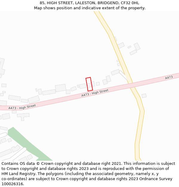 85, HIGH STREET, LALESTON, BRIDGEND, CF32 0HL: Location map and indicative extent of plot