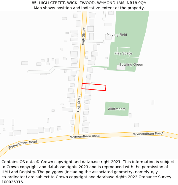 85, HIGH STREET, WICKLEWOOD, WYMONDHAM, NR18 9QA: Location map and indicative extent of plot