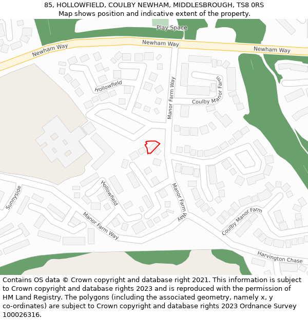 85, HOLLOWFIELD, COULBY NEWHAM, MIDDLESBROUGH, TS8 0RS: Location map and indicative extent of plot