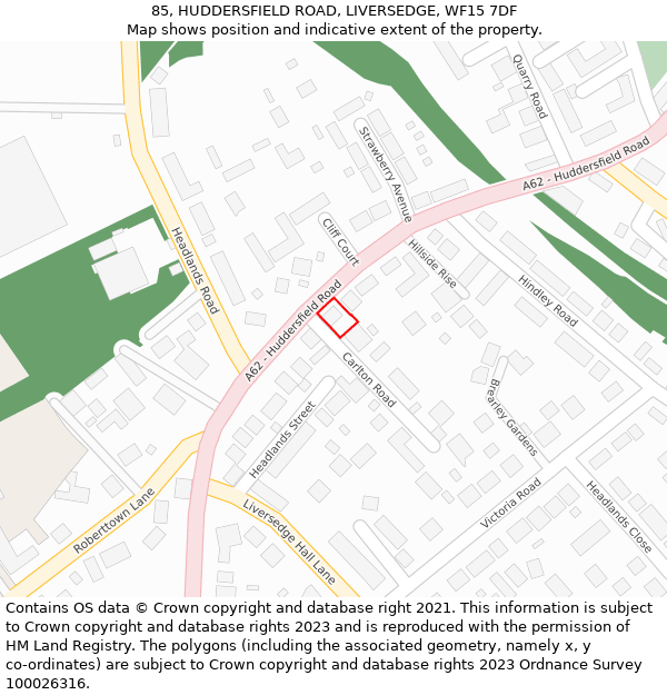 85, HUDDERSFIELD ROAD, LIVERSEDGE, WF15 7DF: Location map and indicative extent of plot