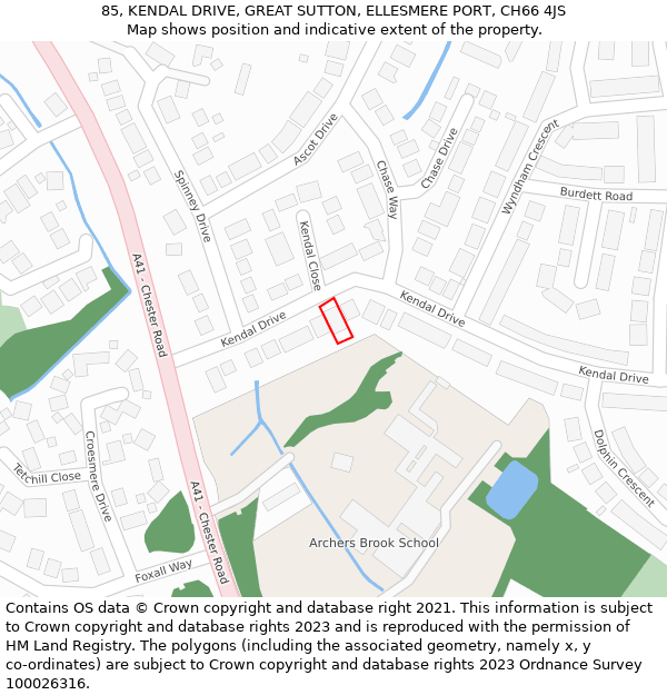 85, KENDAL DRIVE, GREAT SUTTON, ELLESMERE PORT, CH66 4JS: Location map and indicative extent of plot