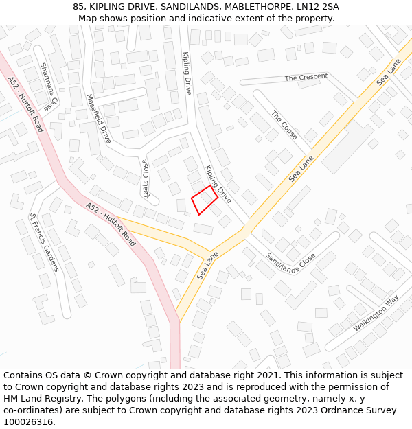 85, KIPLING DRIVE, SANDILANDS, MABLETHORPE, LN12 2SA: Location map and indicative extent of plot