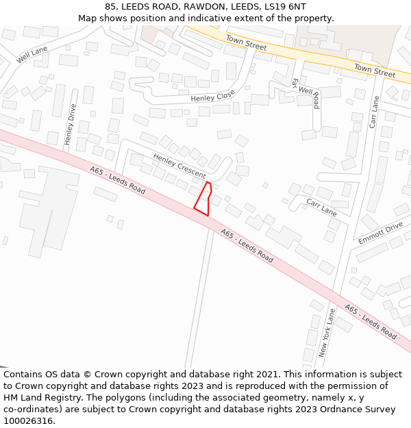 85, LEEDS ROAD, RAWDON, LEEDS, LS19 6NT: Location map and indicative extent of plot