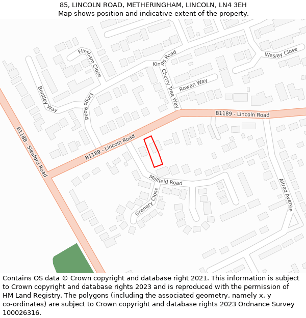 85, LINCOLN ROAD, METHERINGHAM, LINCOLN, LN4 3EH: Location map and indicative extent of plot