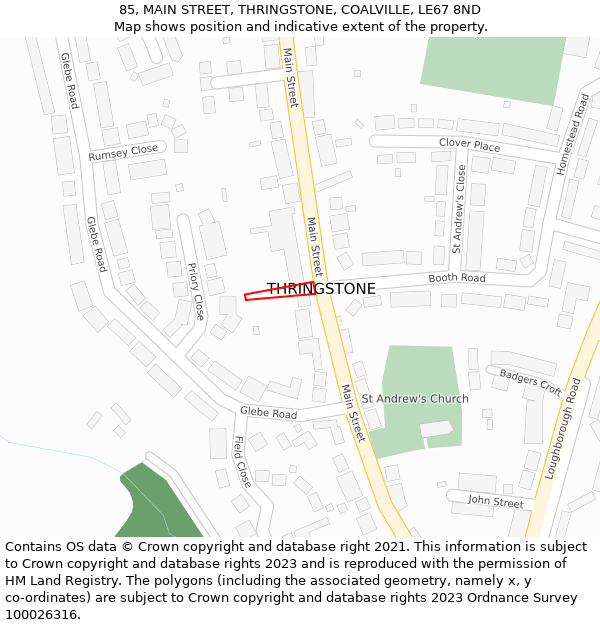 85, MAIN STREET, THRINGSTONE, COALVILLE, LE67 8ND: Location map and indicative extent of plot