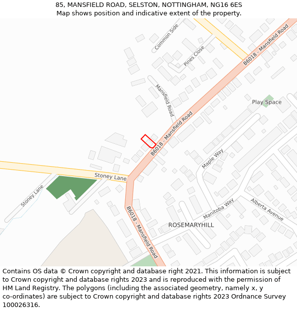 85, MANSFIELD ROAD, SELSTON, NOTTINGHAM, NG16 6ES: Location map and indicative extent of plot
