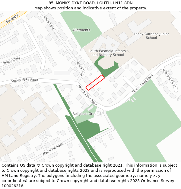 85, MONKS DYKE ROAD, LOUTH, LN11 8DN: Location map and indicative extent of plot