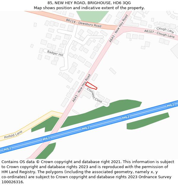 85, NEW HEY ROAD, BRIGHOUSE, HD6 3QG: Location map and indicative extent of plot