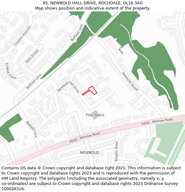 85, NEWBOLD HALL DRIVE, ROCHDALE, OL16 3AG: Location map and indicative extent of plot