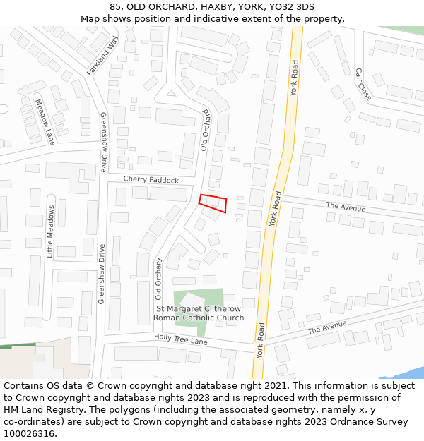 85, OLD ORCHARD, HAXBY, YORK, YO32 3DS: Location map and indicative extent of plot