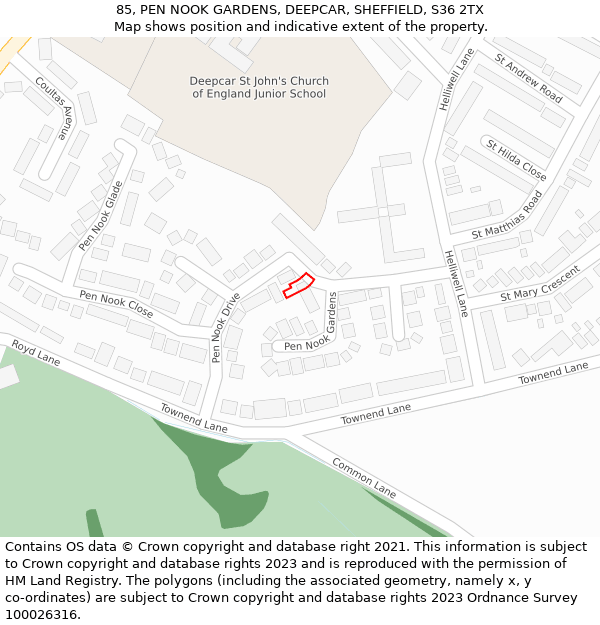 85, PEN NOOK GARDENS, DEEPCAR, SHEFFIELD, S36 2TX: Location map and indicative extent of plot