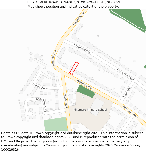 85, PIKEMERE ROAD, ALSAGER, STOKE-ON-TRENT, ST7 2SN: Location map and indicative extent of plot