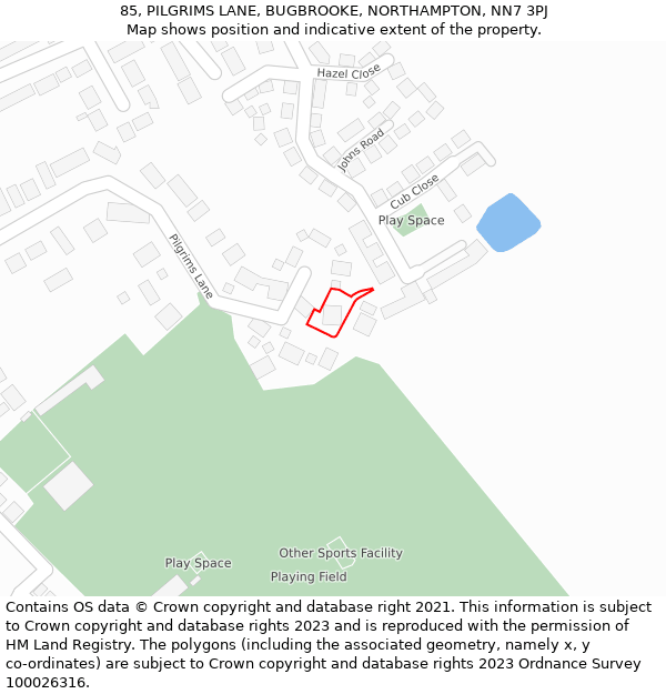 85, PILGRIMS LANE, BUGBROOKE, NORTHAMPTON, NN7 3PJ: Location map and indicative extent of plot
