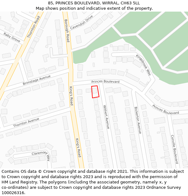 85, PRINCES BOULEVARD, WIRRAL, CH63 5LL: Location map and indicative extent of plot