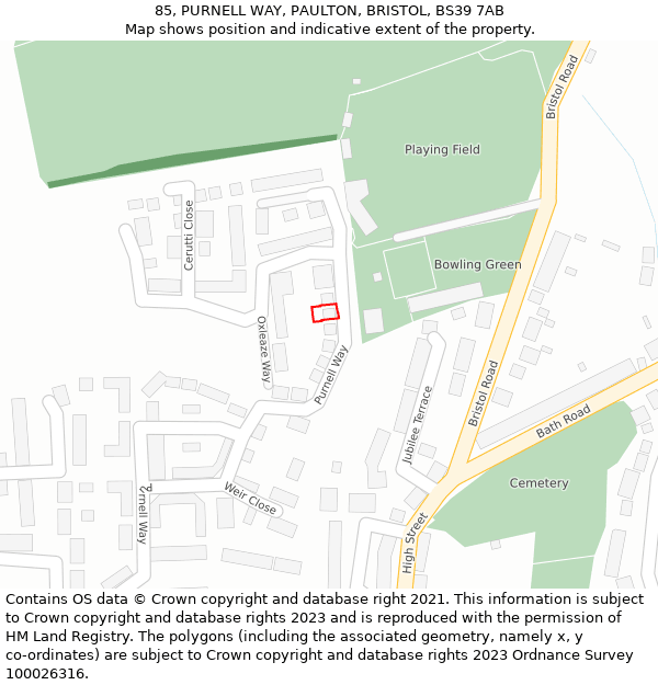 85, PURNELL WAY, PAULTON, BRISTOL, BS39 7AB: Location map and indicative extent of plot