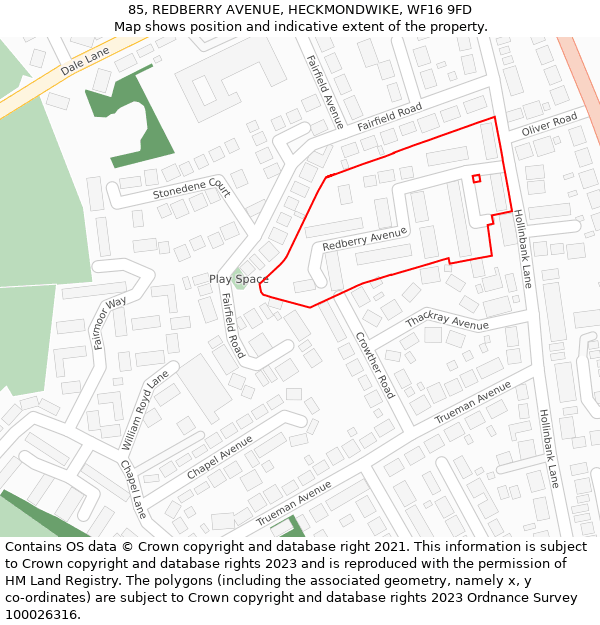85, REDBERRY AVENUE, HECKMONDWIKE, WF16 9FD: Location map and indicative extent of plot