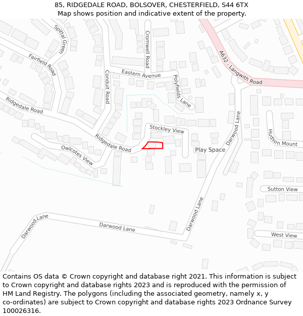 85, RIDGEDALE ROAD, BOLSOVER, CHESTERFIELD, S44 6TX: Location map and indicative extent of plot