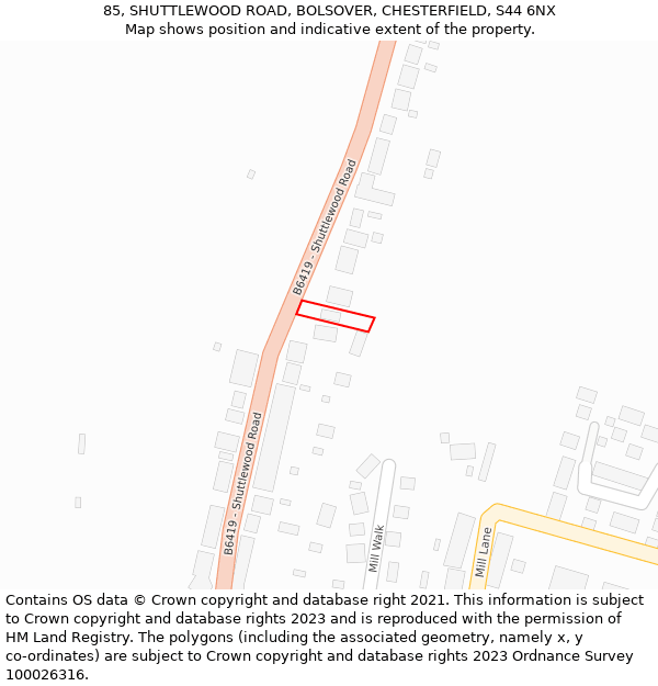 85, SHUTTLEWOOD ROAD, BOLSOVER, CHESTERFIELD, S44 6NX: Location map and indicative extent of plot