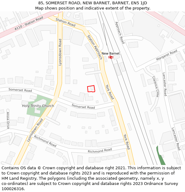 85, SOMERSET ROAD, NEW BARNET, BARNET, EN5 1JD: Location map and indicative extent of plot