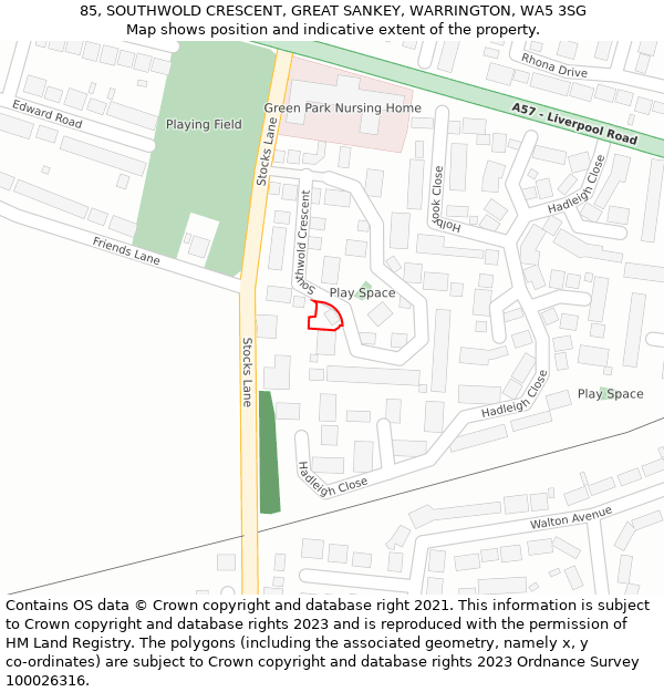 85, SOUTHWOLD CRESCENT, GREAT SANKEY, WARRINGTON, WA5 3SG: Location map and indicative extent of plot