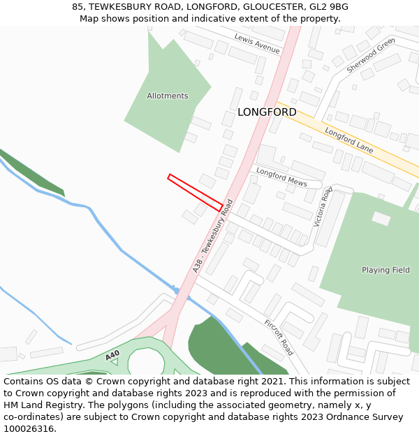 85, TEWKESBURY ROAD, LONGFORD, GLOUCESTER, GL2 9BG: Location map and indicative extent of plot