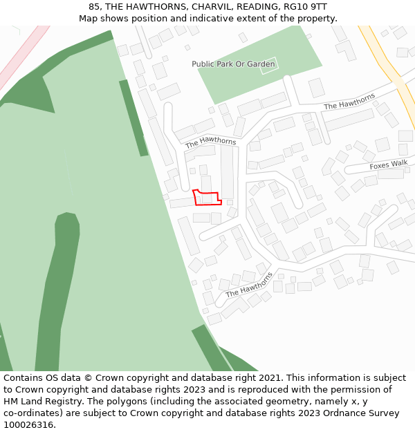85, THE HAWTHORNS, CHARVIL, READING, RG10 9TT: Location map and indicative extent of plot