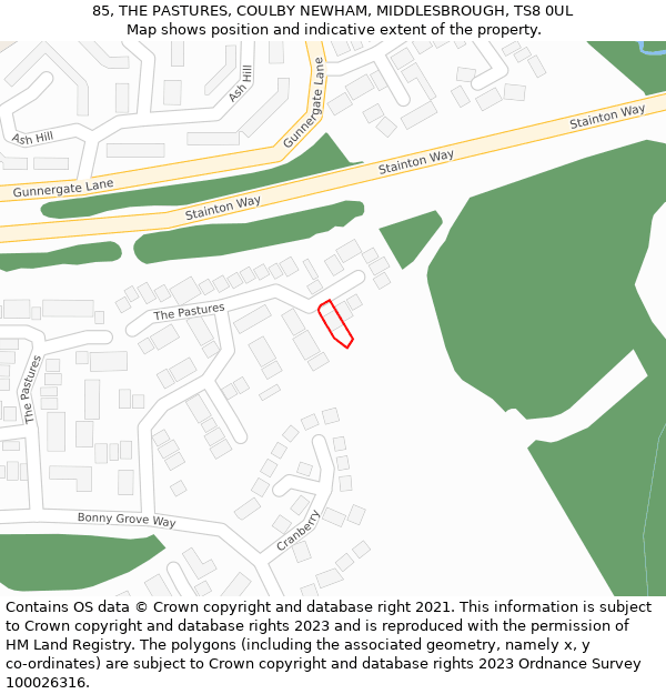 85, THE PASTURES, COULBY NEWHAM, MIDDLESBROUGH, TS8 0UL: Location map and indicative extent of plot