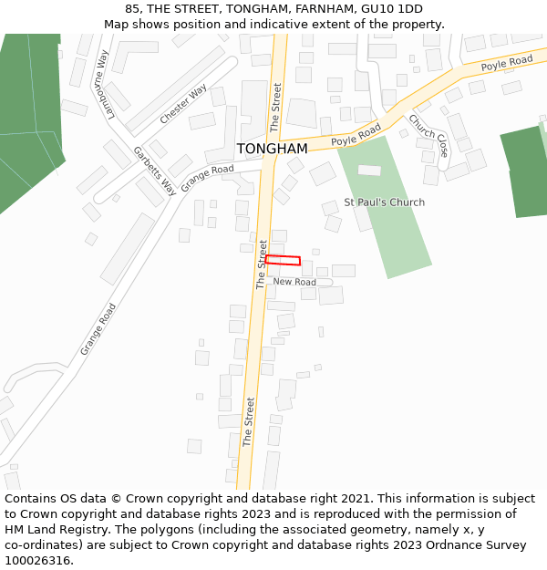 85, THE STREET, TONGHAM, FARNHAM, GU10 1DD: Location map and indicative extent of plot