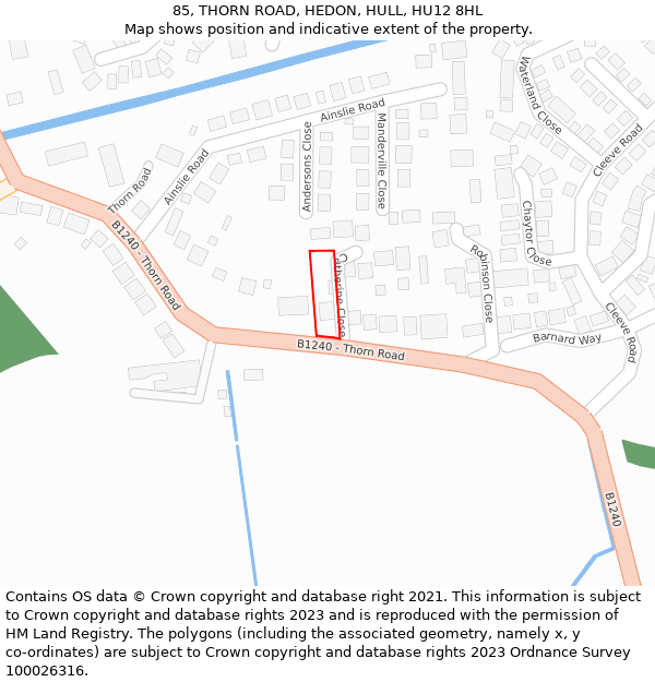 85, THORN ROAD, HEDON, HULL, HU12 8HL: Location map and indicative extent of plot