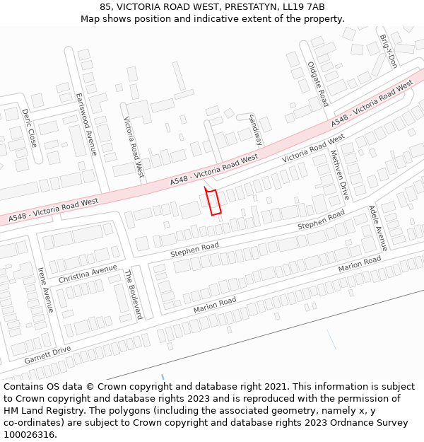 85, VICTORIA ROAD WEST, PRESTATYN, LL19 7AB: Location map and indicative extent of plot